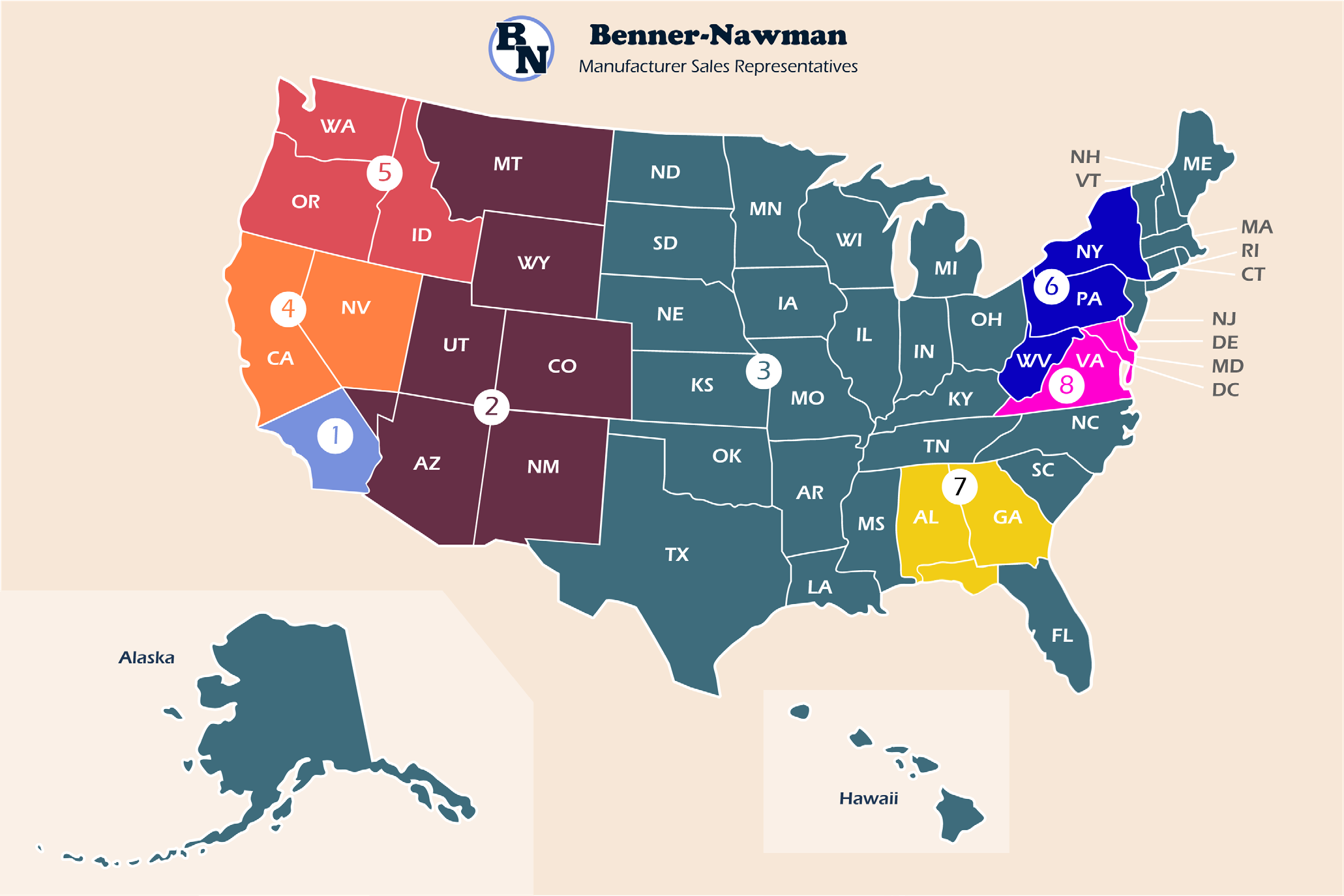 Benner-Nawman sales representatives U.S. territory map